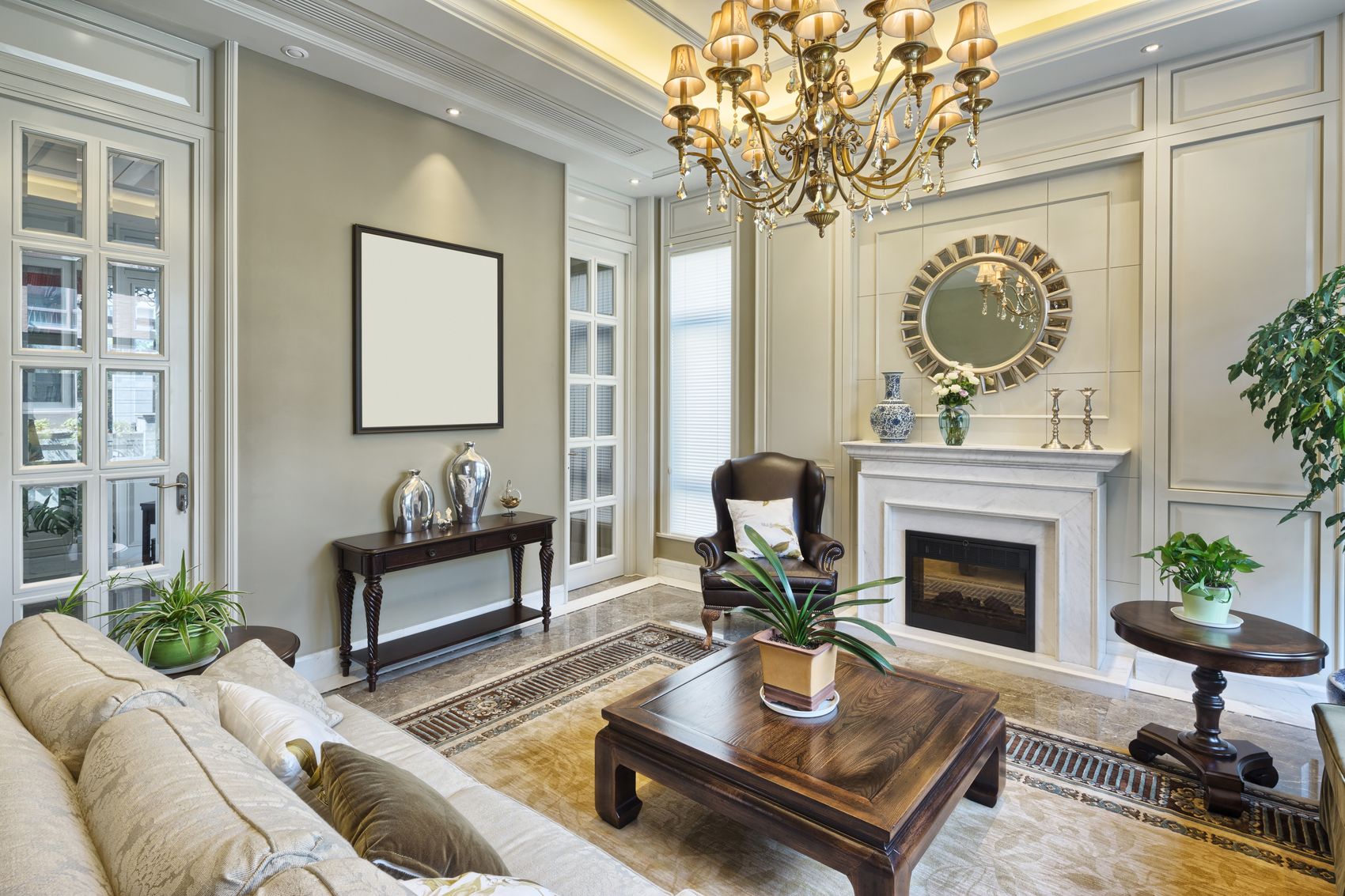 A warm, lamplit drawing room with classic furnishings