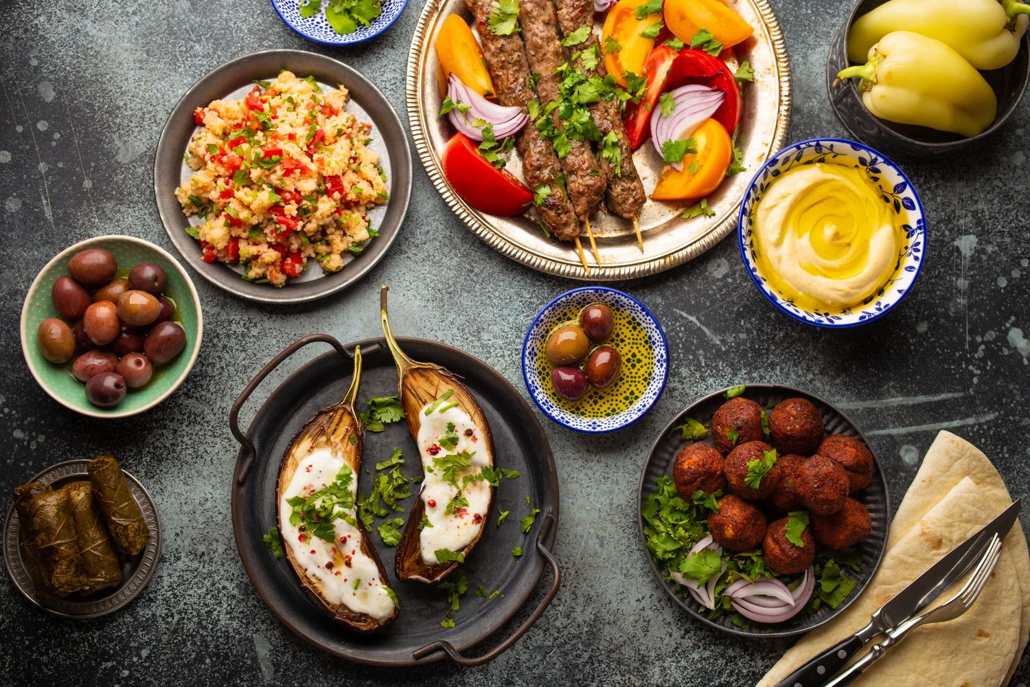 A generous shared spread of mezze and grilled dishes